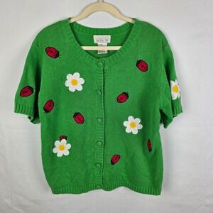 Mandal Bay Womens Green Ladybug Daisy Short Sleeve Button Cardigan Sweater XL